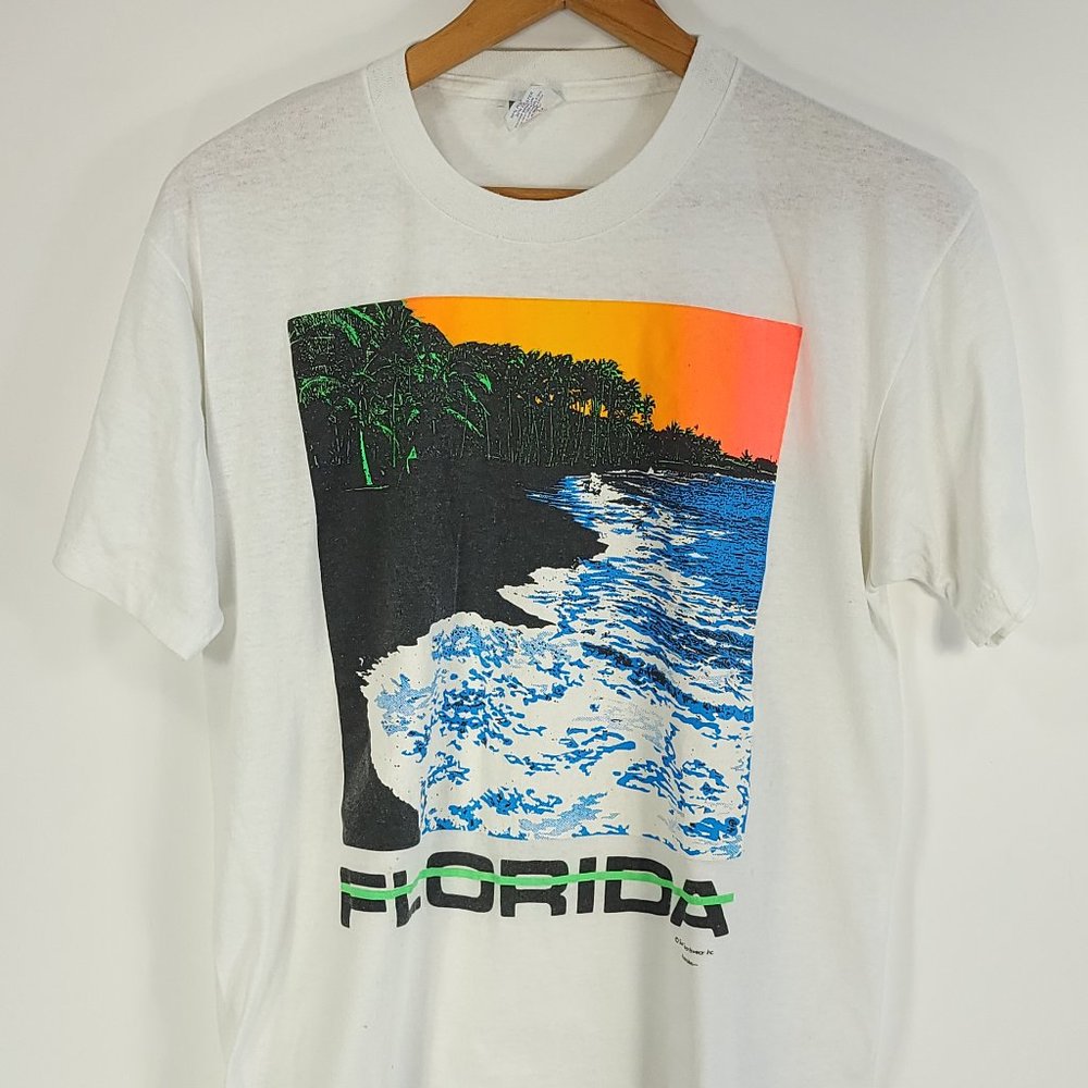 Vtg Florida Beach Graphic T-Shirt Men's XL White Sun Sportswear Distressed